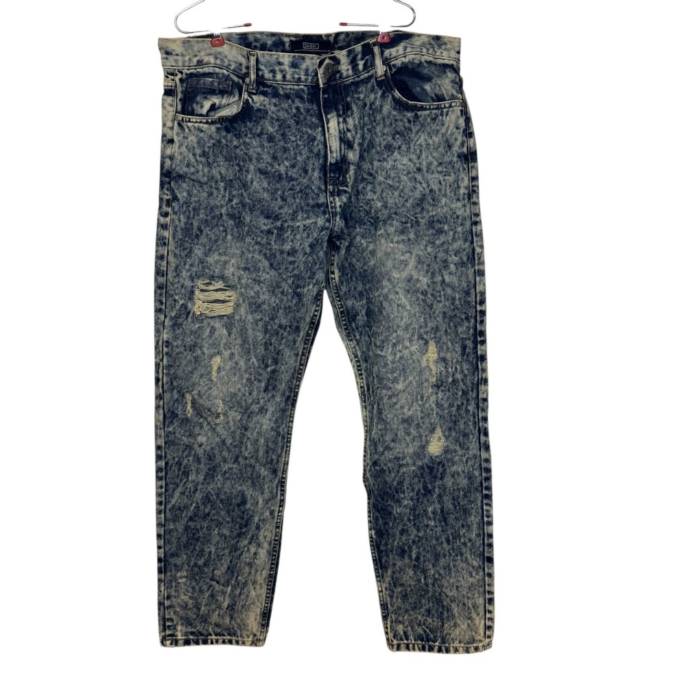 Dash Men's Jeans Vintage Y2K Distressed Denim Tapered Leg Acid‎ Wash Blue 40X32